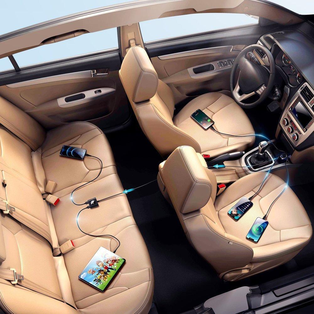 Joyroom High-Power 72W Dual Port Car Charger with 2xPD & 2xQC3.0, 1.5m USB-C Cable, Black Model JR-CL05