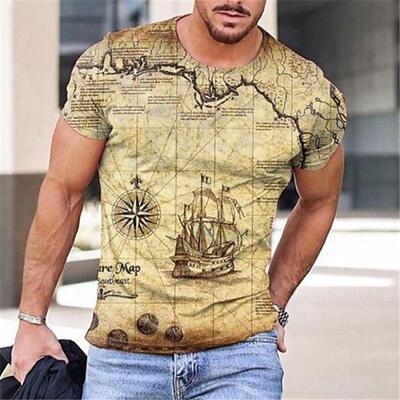Map Vintage Mens 3D Shirt For TravelYellow Summer Men'S Tee Graphic Prints Round Neck 3D Daily Holiday Short Sleeve Clothing