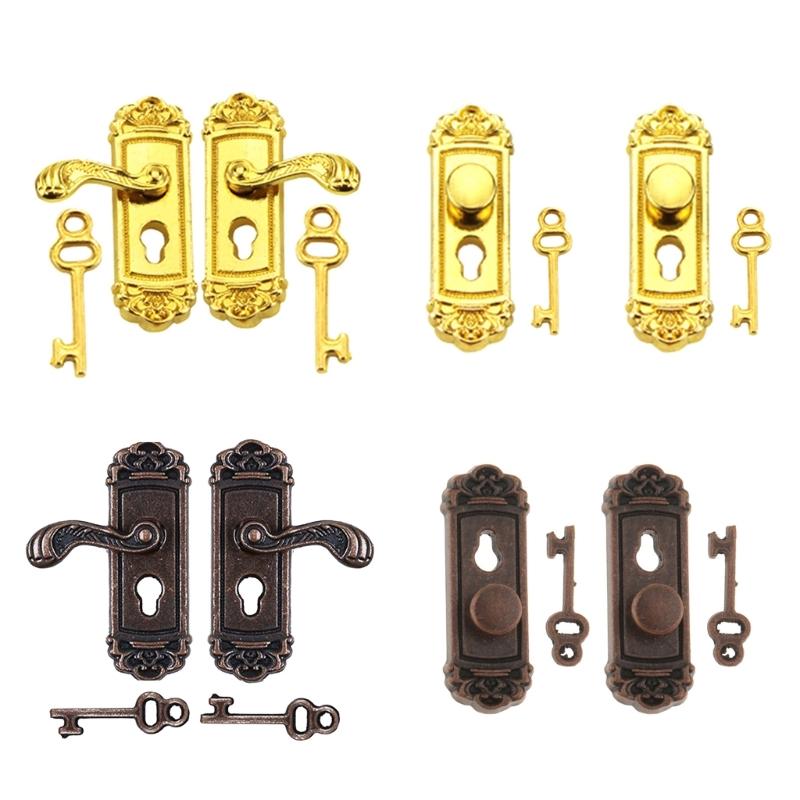 1:12 Scale Miniature Door Lock and Key Set 2 in 1 Pack Door Knocker Lock Set Vintage Dollhouses Decoration Accessories