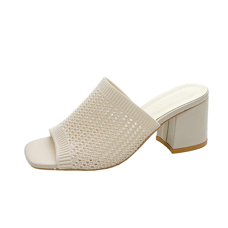 

Летние новые женские вязаные дышащие шлепанцы на высоком каблуке большого размера, сандалии европейской и американской моды на толстом каблуке с одной перемычкой 35