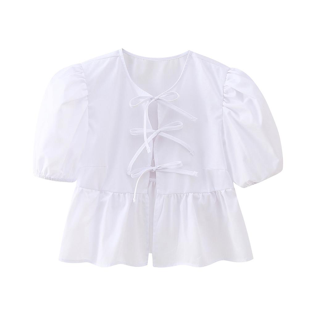 Dolce Casual Cravatta Girocollo Maniche a Bolla Versatili Camicette Camicia Corta