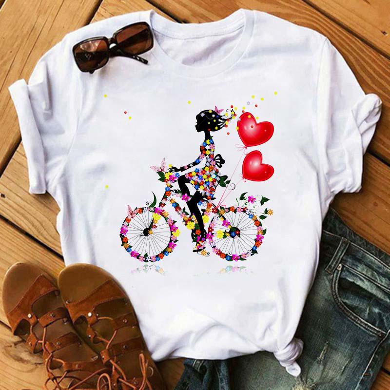 Funny Bicycle With Sunflower Women Tshirt Summer Harajuku Short Sleeve White T Shirts Cartoon Casual
