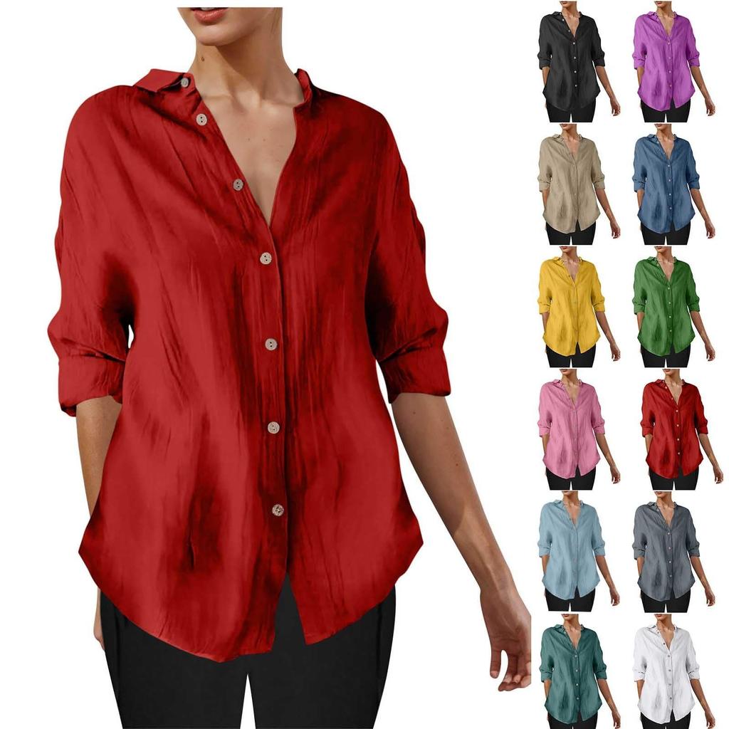 Long Sleeve Linen Shirts For Women Button Down Loose Solid Color Blouse Lightweight Casual Lapel Tunic Tops
