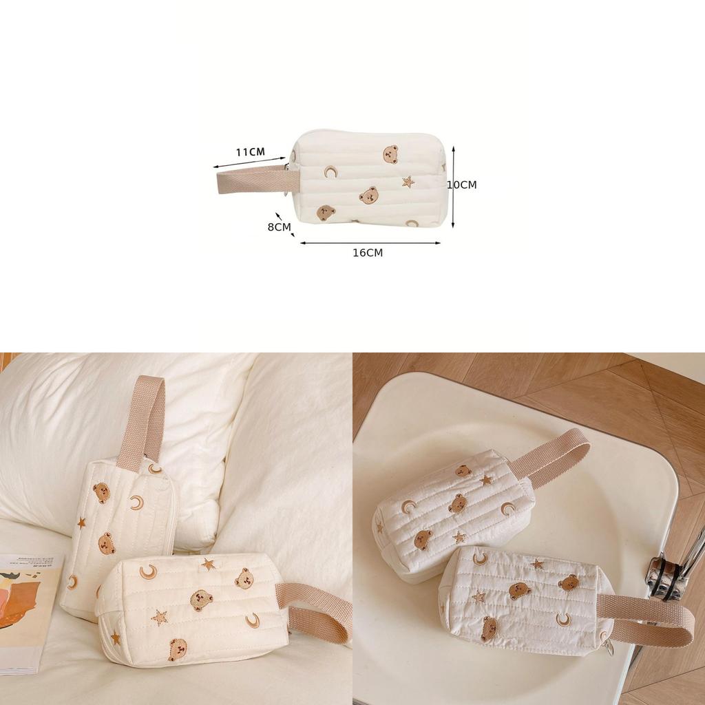 Bear Pattern Makeup Pouch With Cotton Fabric For Student And Casual Storage Needs