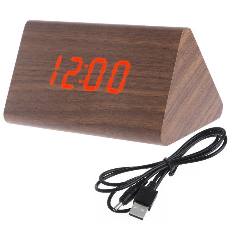 Elegant Imitation Wood Led Display Alarm Digital Triangular Desk Clock With Thermometer