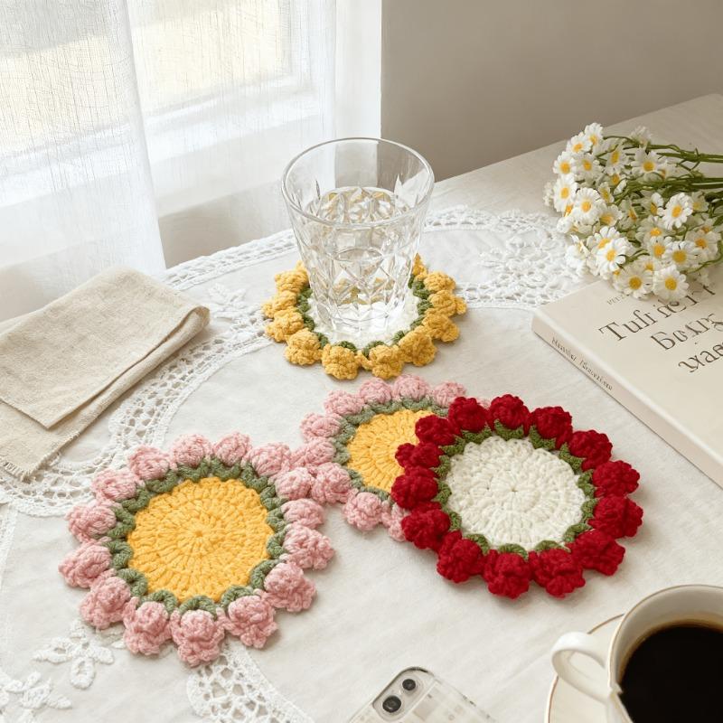 Sottobicchiere Fatto a Mano a Forma di Rosa Lavorato a Maglia, Sottobicchiere Floreale Carino, Fioriera all'Uncinetto, Decorazione in Tessuto Stile Bohémien, Decorazione da Tavola, Sottobicchiere Durevole