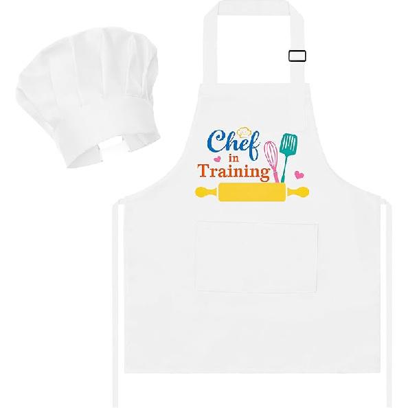 Kid Apron and Chef Hat Set - R HORSE 2Pcs Adjustable Children Green Kitchen Apron, Dress up Role Play Chef Toy Cooking Baking Painting and Training