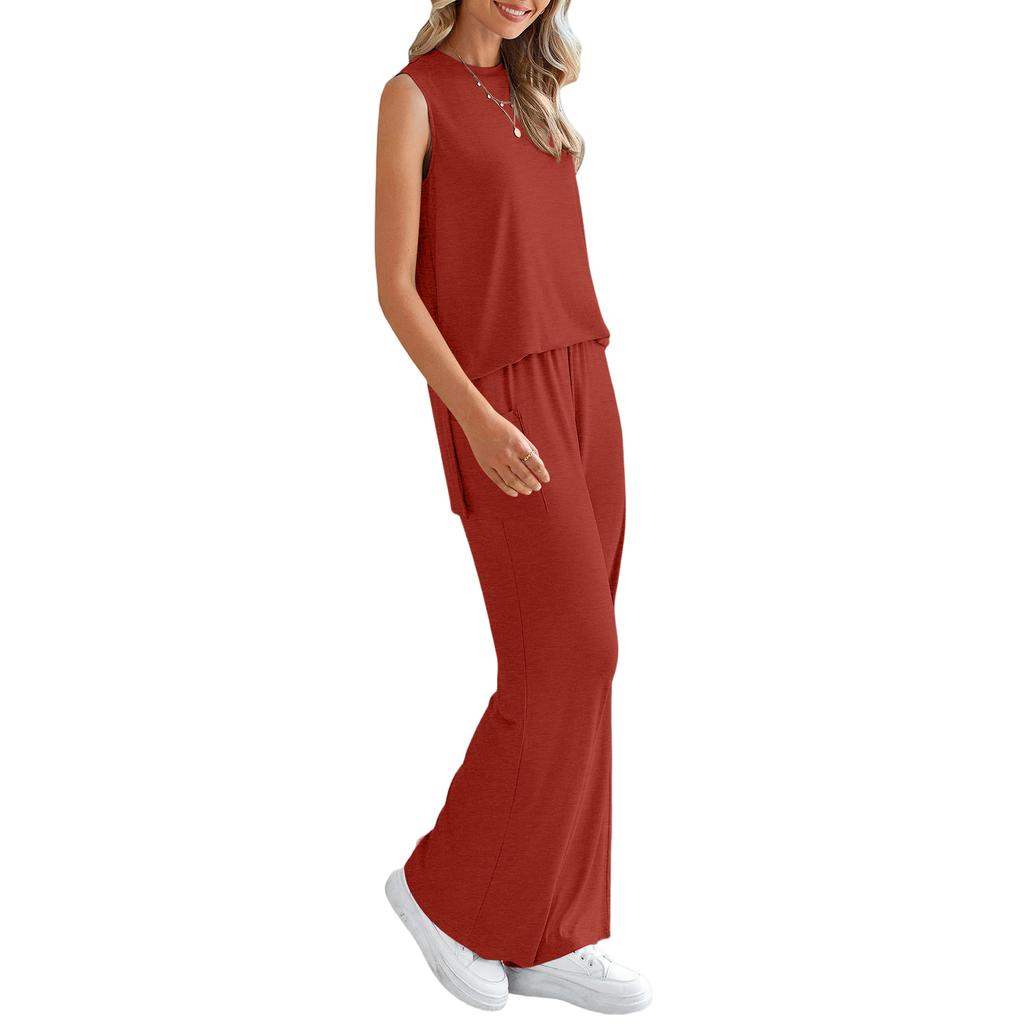 Women's Color Casual Fashion Sleeveless Vest And Pants Two-piece Set