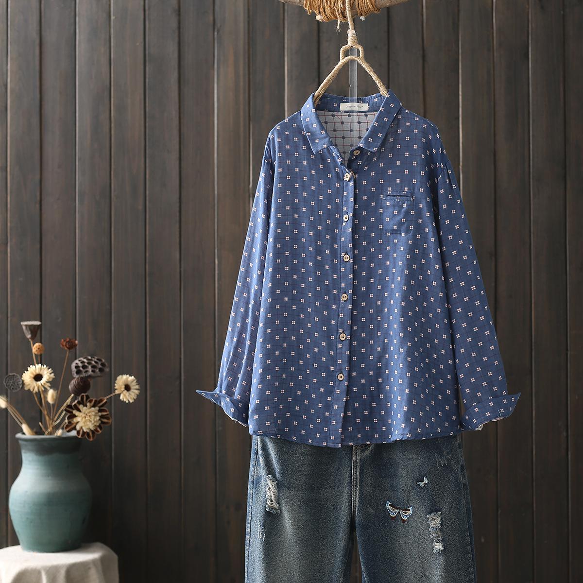 

Весна Осень Женские Двухслойные Хлопковые Пряжи Белые Рубашки Женские Топы С Горошек С Длинным Рукавом Карман Свободные Повседневные Блузки One Size темно-синий