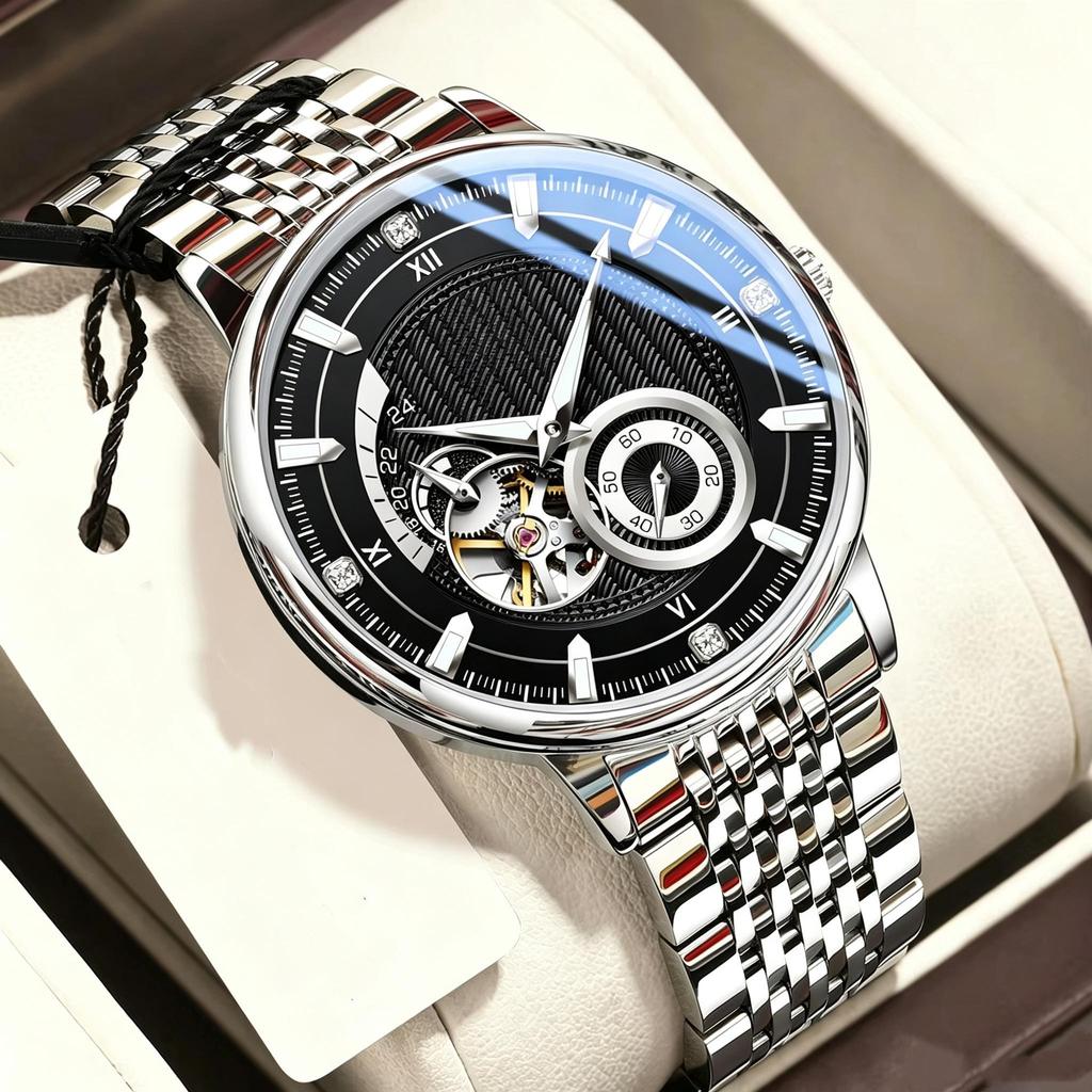 Man Wristwatch Luminous Hollow Tourbillon Stainless Steel Clock Mechanical Automatic Men's Watch