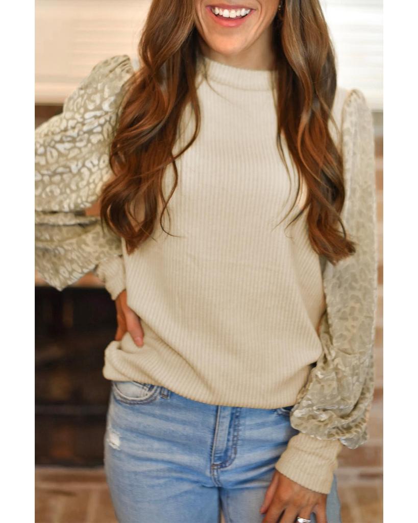 Azura Exchange Leopard Print Long Sleeve Ribbed Knit Blouse