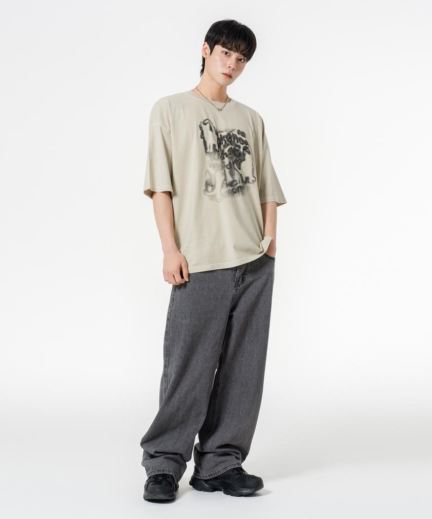 MOZMOZ Lettering Cat Oversized Pigment Short Sleeve T-Shirt Beige