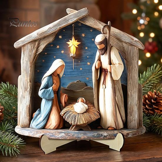 Durable Wood Nativity Set Scene Wooden Tabletop Sign, Christmas Manger Holy Family Figurine Decor, for Table Decor Religious Xmas Desktop Ornament,