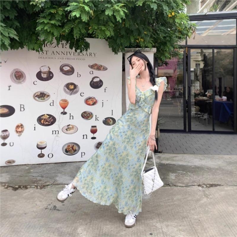 Tea Break Floral Suspender Dress Women's Summer New Slim and Thin Seaside Vacation Beach Dress