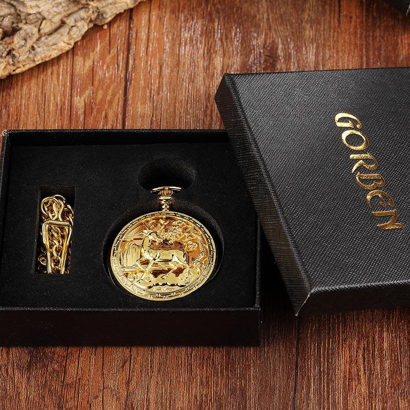 Golden Hollow Deer Pattern Mechanical Pocket Watch Vintage Double Side Steampunk Fob Clock Male Necklace Watch Chain Women Men