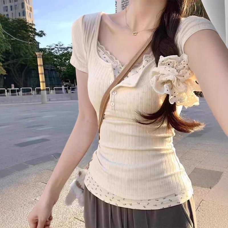 Fashion Sweet Floral Lace Trim Short Sleeve TShirt Women Summer Slimming Blouse Short Style Top Fake Two Piece Pure Desire Splice Shirt