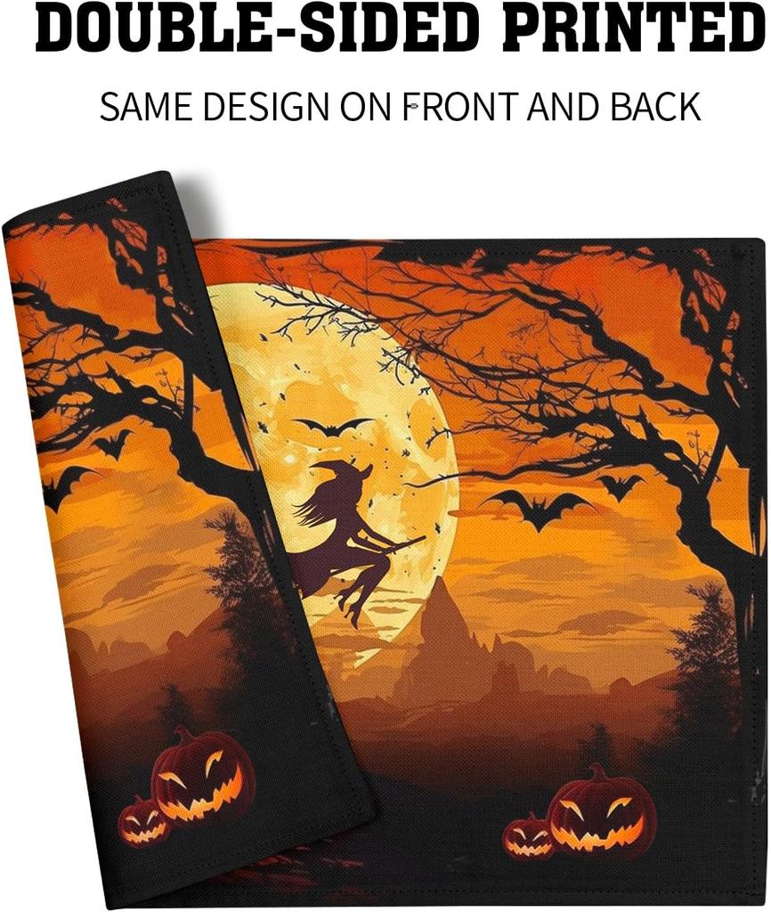 Halloween Witch Placemats Set of 6 18x12 Inch Bat Castle Pumpkin Linen Place Mats Wipeable Holiday Table Mat