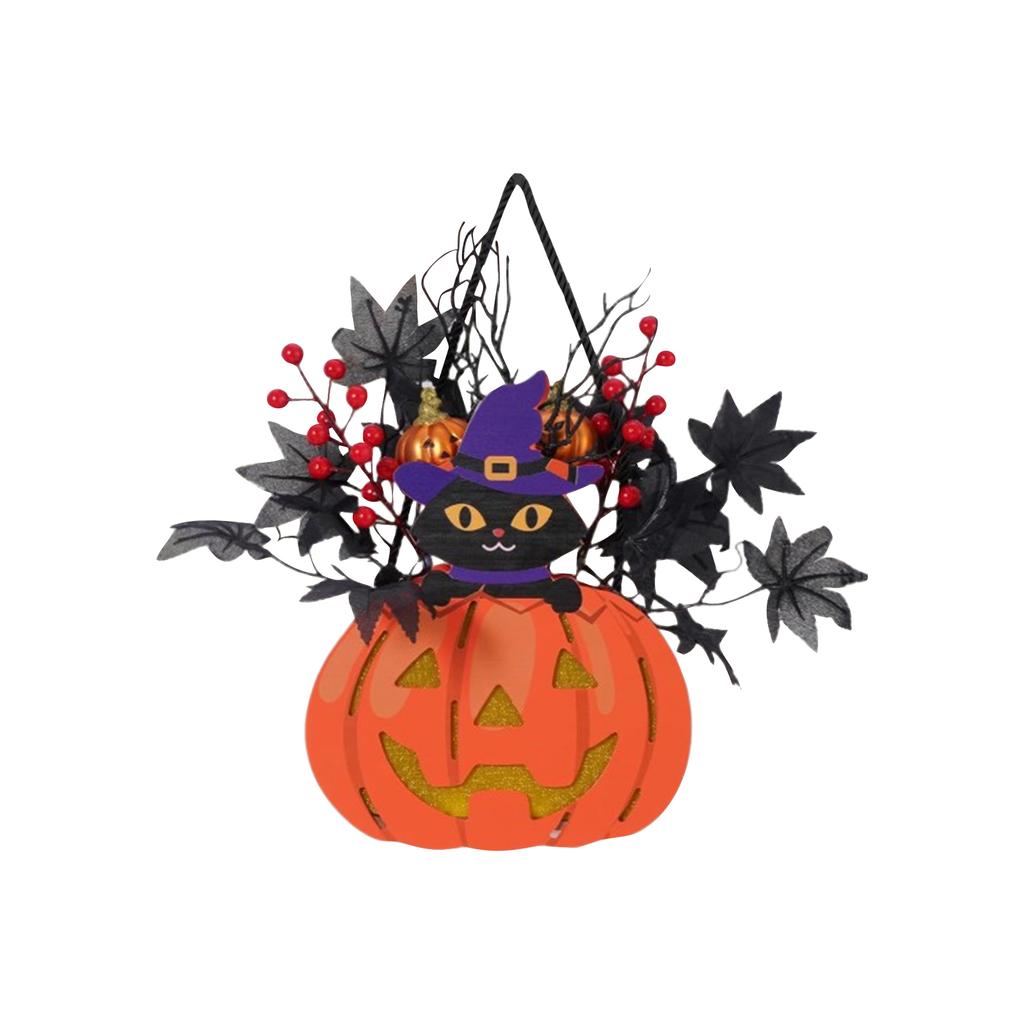 Halloween Pumpkin Decoration, With Maple Leaf Berry Witch Hat, Halloween Door Sign Wood Light For Front Door Indoor Outdoor Patio Party Cartoon
