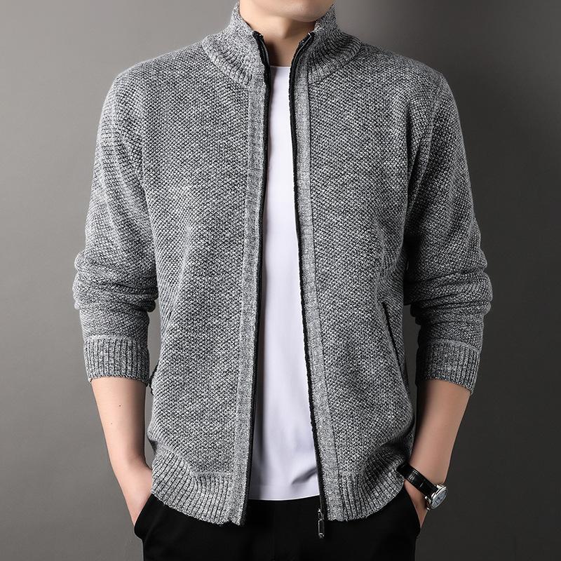 Men's Autumn and Winter Thickened Plus Size Hoodless Loose Cardigan Solid Color Casual Warm Zip Knit Outerwear