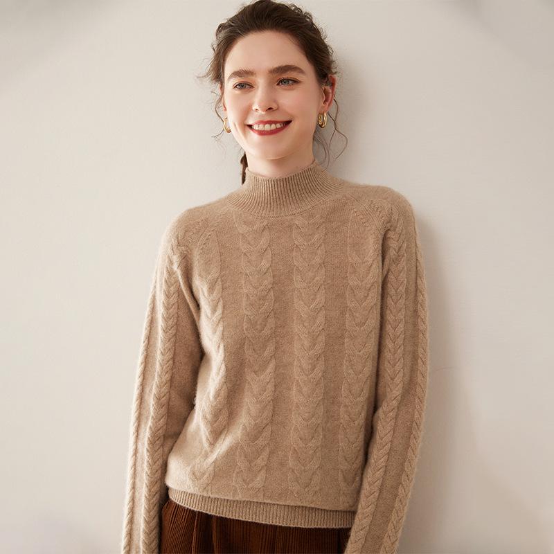 

Женский кашемировый свитер однотонного цвета с узором «косы», полувысоким воротником, свободного кроя XXL