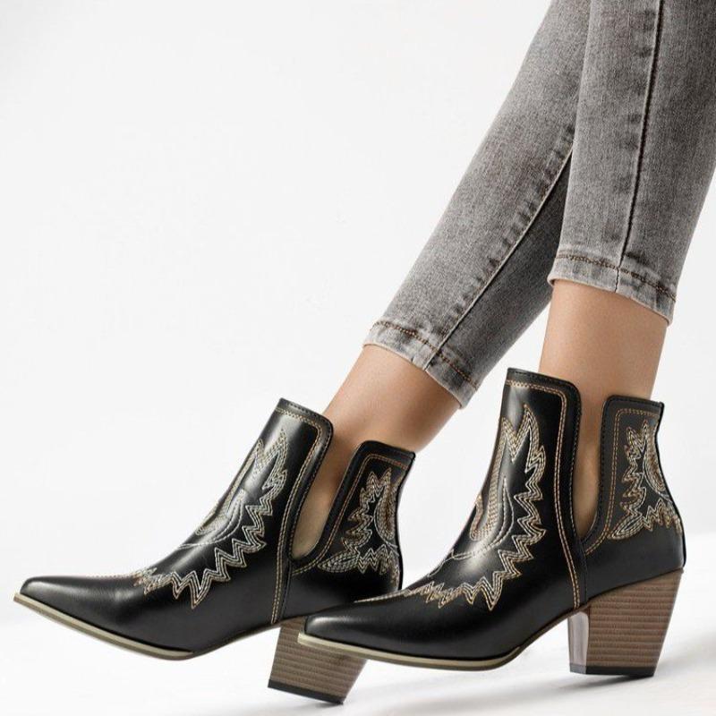 Printed Embroidery Pointed Square Heel Chelsea Boots Autumn New Short Tube Style Women's Boots Women