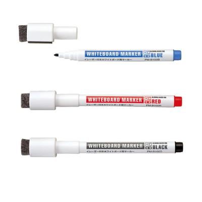 [3-Color Set] KOKUYO Whiteboard Markers with Eraser and Magnet PM-B100: Black, Red, and Blue (1 of Each Color) | Includes Measurement and Memo Cards