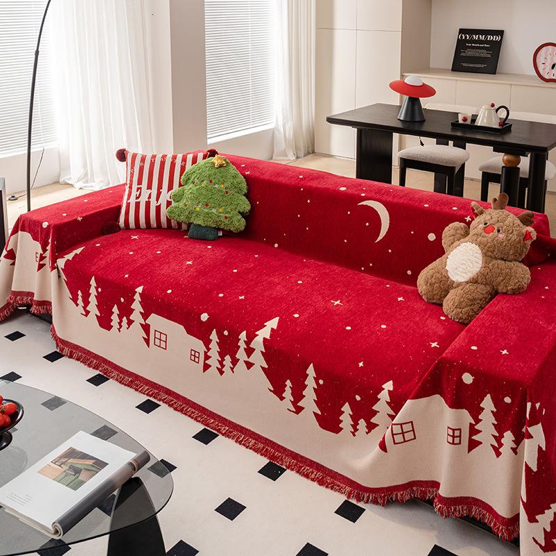 Christmas Atmosphere Sofa Cover Cloth Chenille American Retro Red Sandscarf Anti-Slip Sofa Cushion Cover Multifunctional Blanket