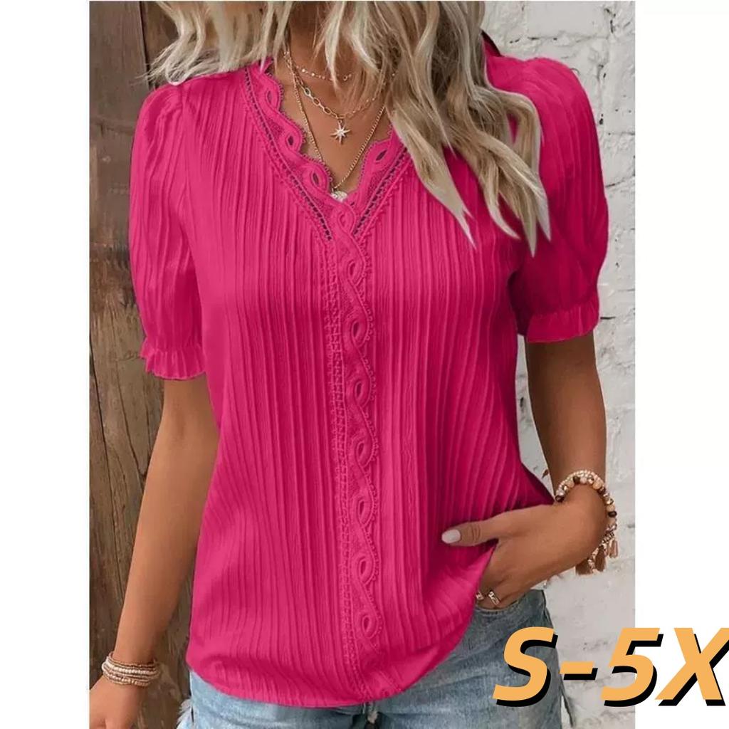 Summer Vacation Fashion Hollow V-neck Lace Short-sleeved Women's Shirt