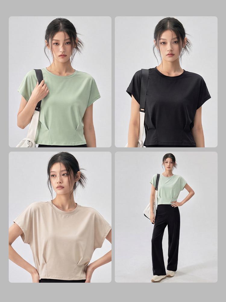 Vielseitiges Sommer-Spandex-Fledermausärmel-T-Shirt mit gerüschtem Saum