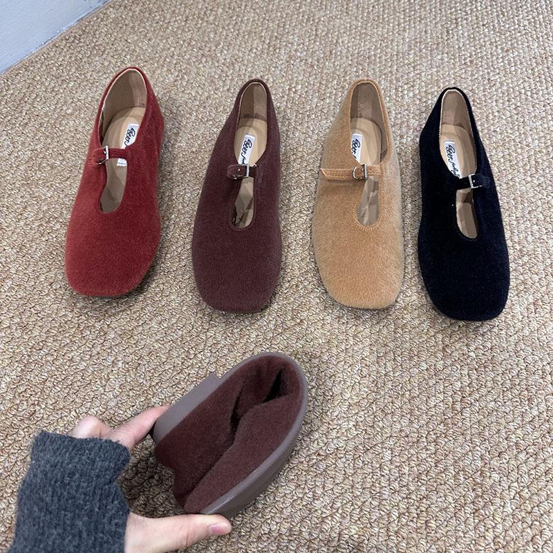 Fashion Buckle Fashion Flock Ladies Mary Janes Flats Shoes Female Square Toe Footwear Shallow Women Flats Slip On Shoes Lady
