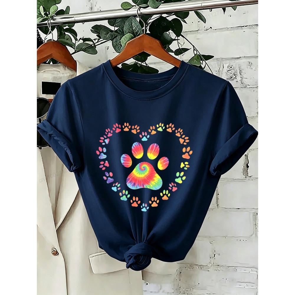 Dog Paw Print Heart Animal Lover T-Shirts Colorful Dog Paw Colorful Dog Paw Shirts Heart Anime Women's T-Shirts Short Sleeve