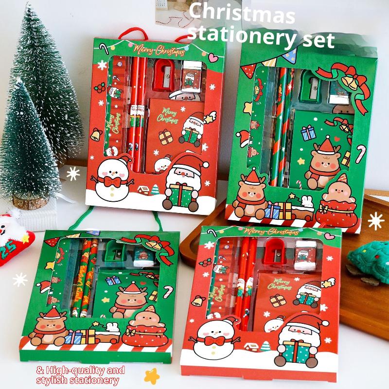 6 Stück/Set Cartoon Weihnachten Bleistiftspitzer Radiergummis Bleistifte Lineale Kawaii Kinder Schreibset Schulschreibwarenzubehör