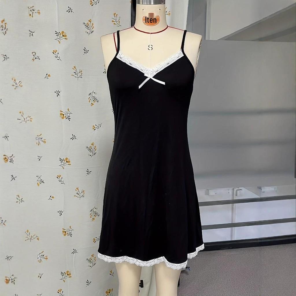 Cross-border Lace Trim Sleeveless Backless Short Slip Nightgown for Women