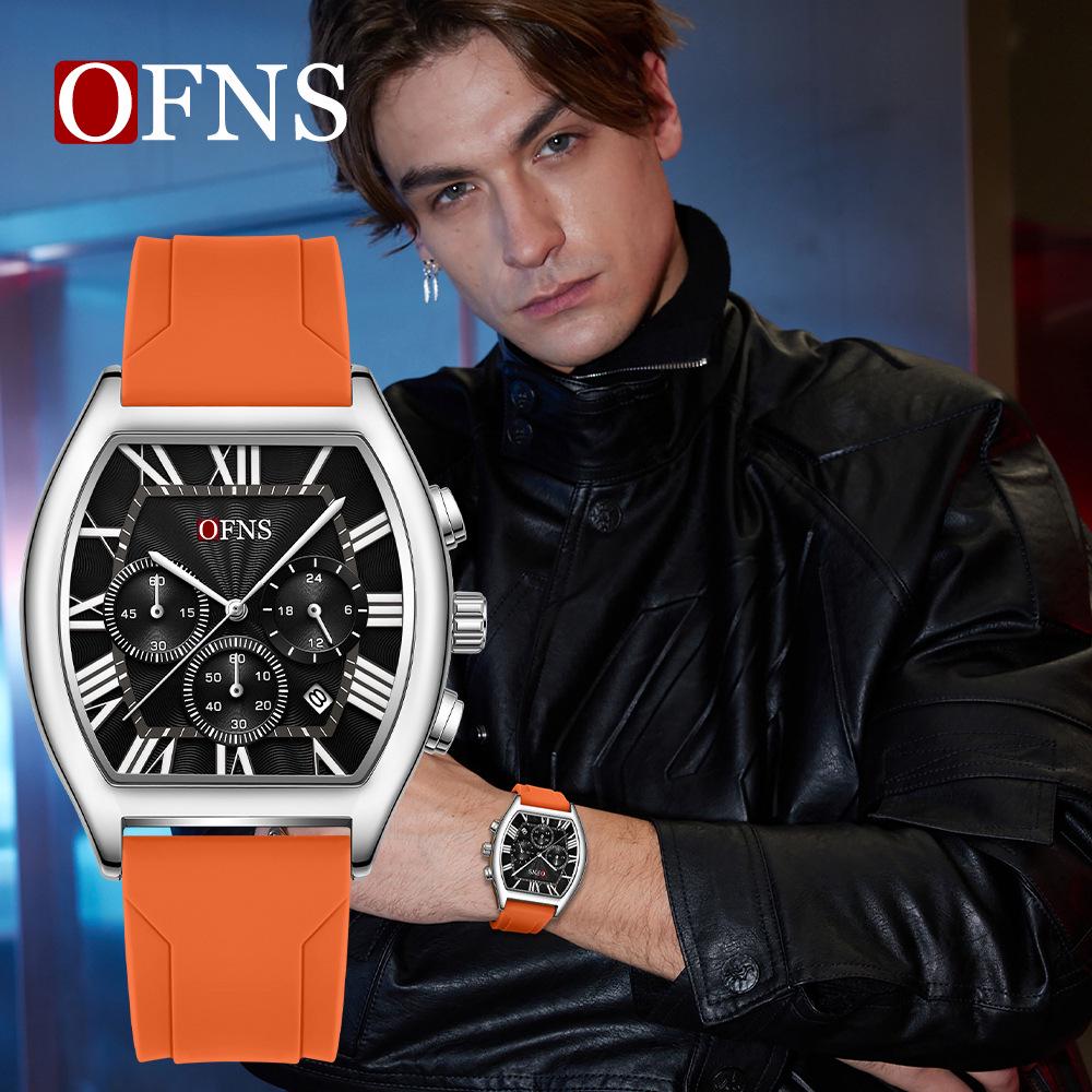 European Retro Men's Waterproof Roman Chronograph Wristwatch, Barrel Shape, with Calendar and Six-Hand Quartz Movement, Model 1644