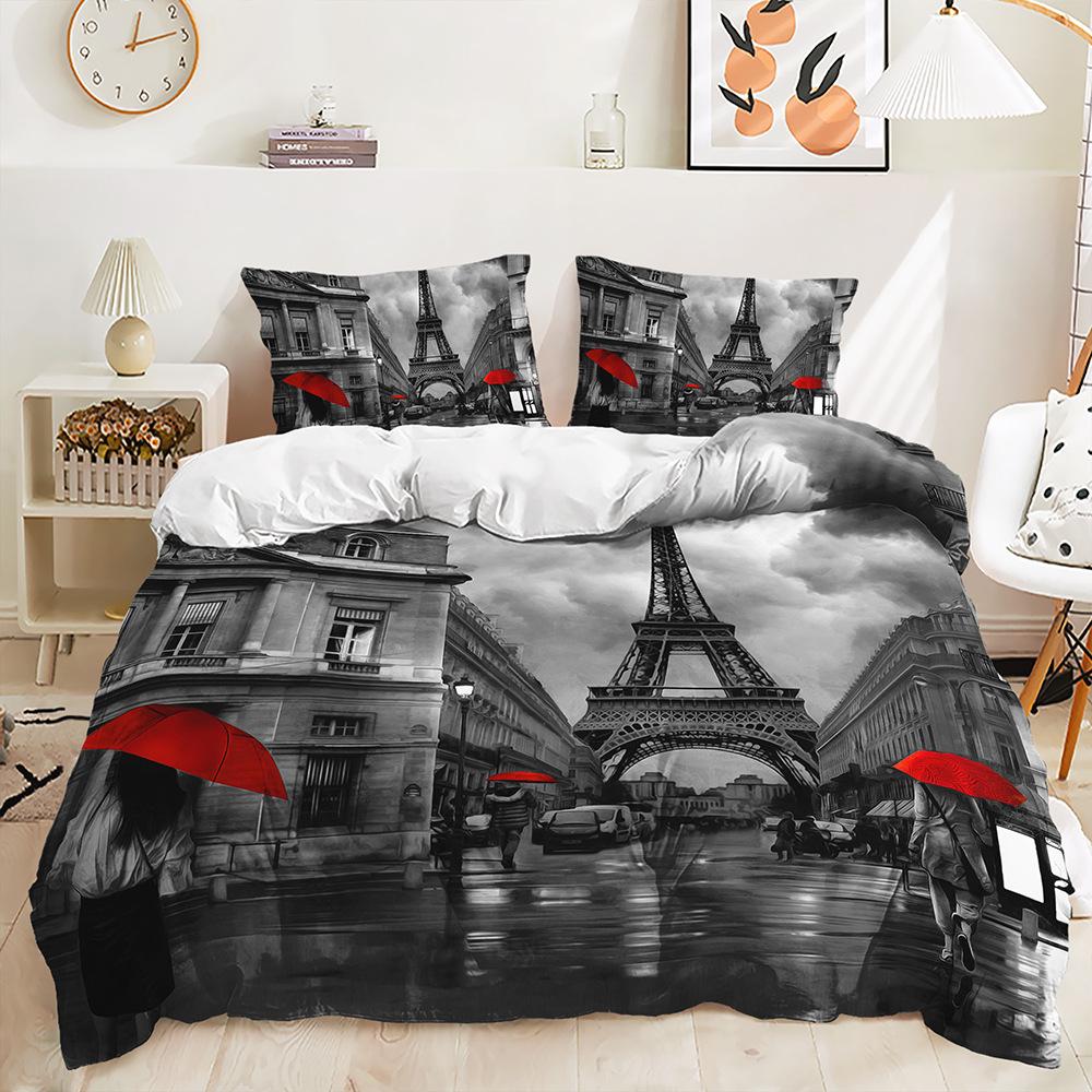 3D Minimalistisk Stil Sengetøysett med Eiffeltårn Blomst Dundyne og Putetrekk 2/3 Deler AU180 * 210 Full Size Myk Hjemmedekorasjon