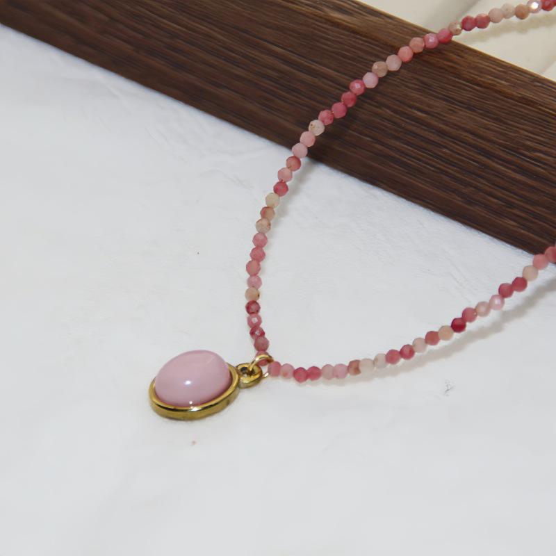 Korean Pink Gradient Rhodochrosite Titanium Necklace - Handmade Beaded Natural Stone for Spring/Summer Layering