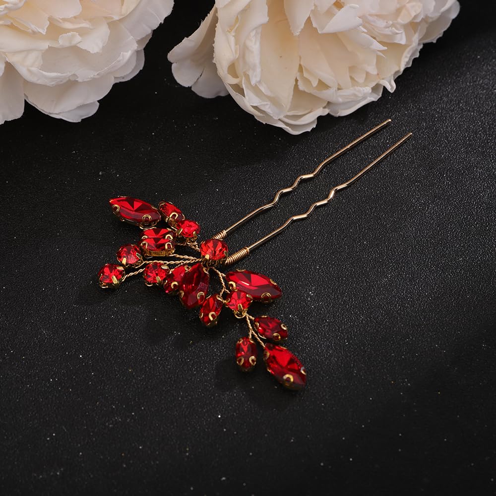 Teyglen 3pcs Crystal Bride Wedding Hair Pins Bridal Red Rhinestone Hair Pins Set Handmade Blue Black Red Crystal Hair Pieces Wedding Hair Accessories