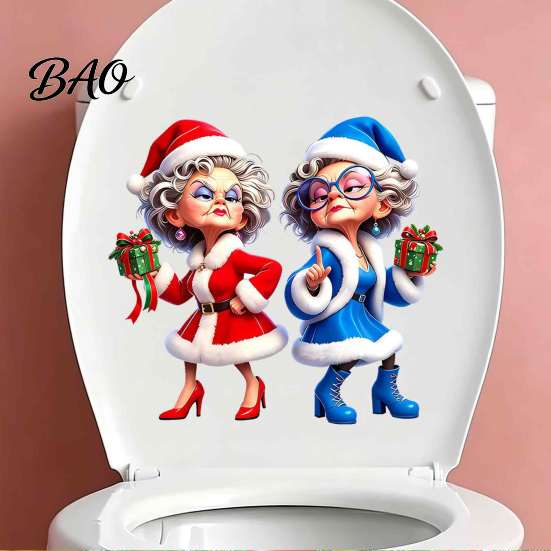 Holiday Bathroom Decorations Christmas Granny Toilet Sticker, Funny Cartoon Mrs. Claus Decal, Waterproof Party Supplies PVC Self Adhesive Decal