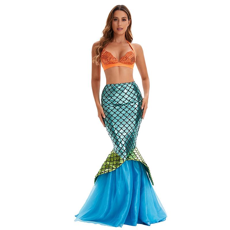 Costume di Halloween, vestito da principessa sirena per adulti, vestito da sera cosplay sexy con paillettes e fascia sul petto