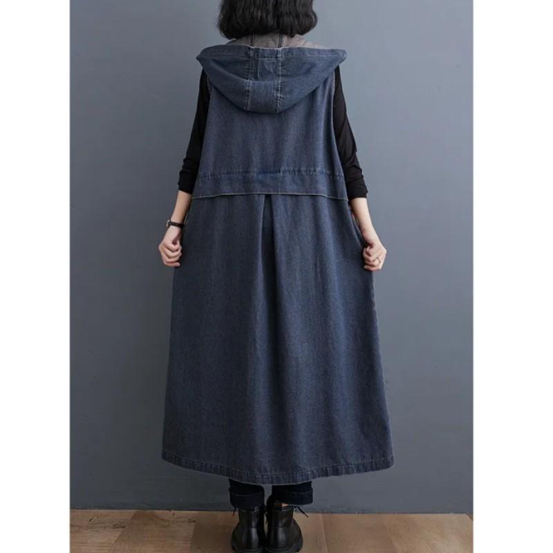 Women Autumn Sleeveless Big Pockets Vintage Print Jacket Hooded Design Loose Denim Jeans Vest Ladies Outerwear