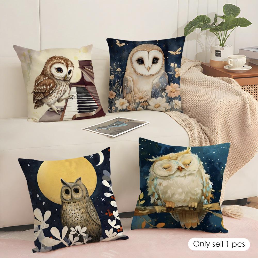 Owl Painting Cushion Cover Silky Short Plush Sofa Pillow Cover Hidden Zipper Soft Dustproof Case For Home Decor