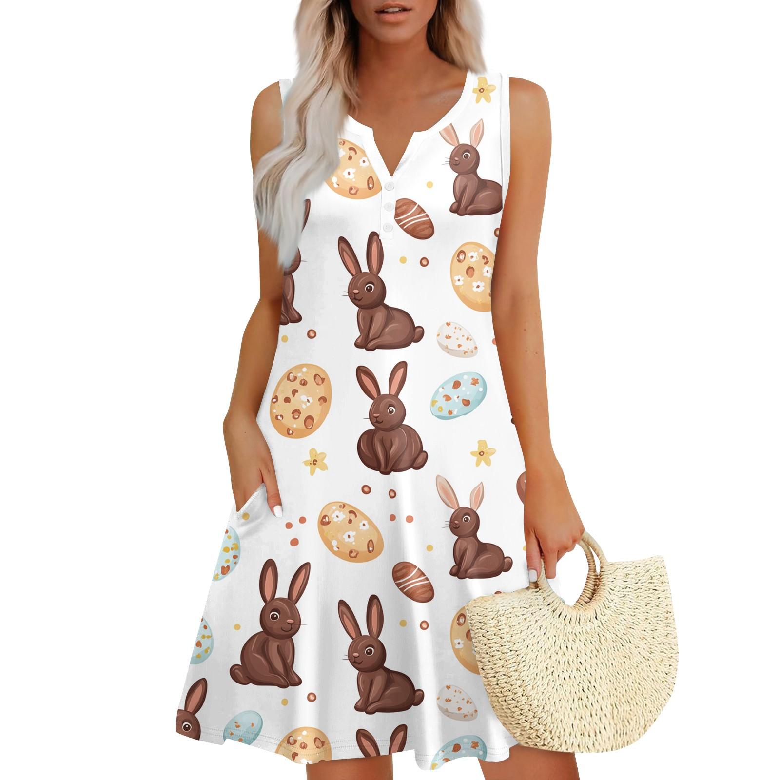 

Женское повседневное платье-жилет с V-образным вырезом и боковыми карманами на пуговицах и пасхальным принтом XL белый