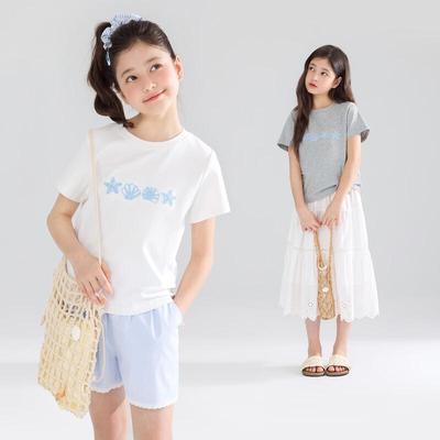Mucmukn Girls' Lyocell Cool-Touch Seashell Embroidered Ribbed T-Shirt
