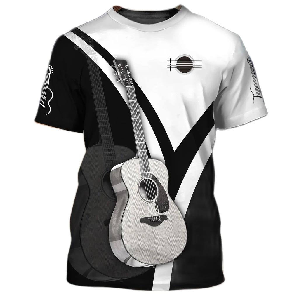 3D Fashion Music T-shirt Hoodie Short Sleeve Round Neck Rock Hip Hop Top Summer Men's T-shirt Guitar Pattern