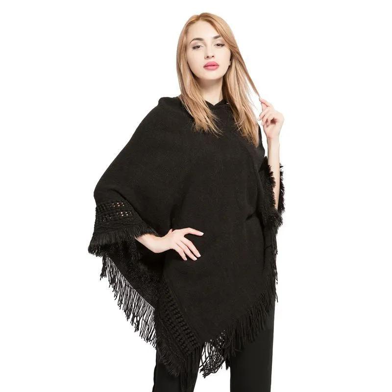 Women's Tassel Large Size Knitted Sweater With Hood And Imitation Cashmere Cape And Shawl