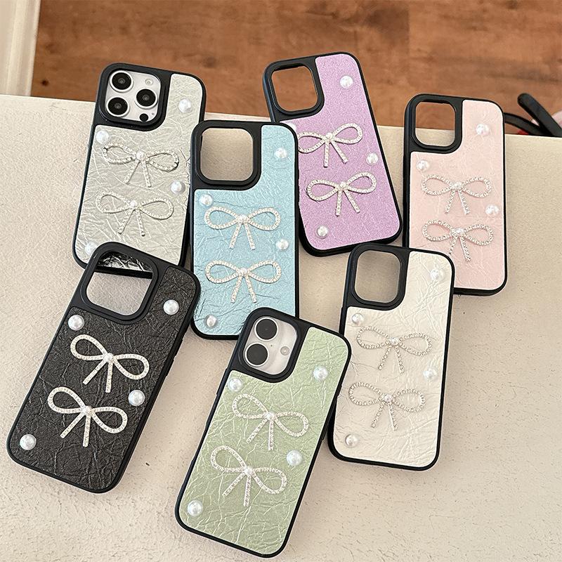 Pearl Bow Phone Case for Apple 17promax Leather Texture High Quality for IPhone16pro Protective Case