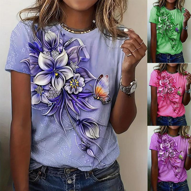 Women's T-shirt 3D Floral Print Short Sleeved T-shirt for Summer