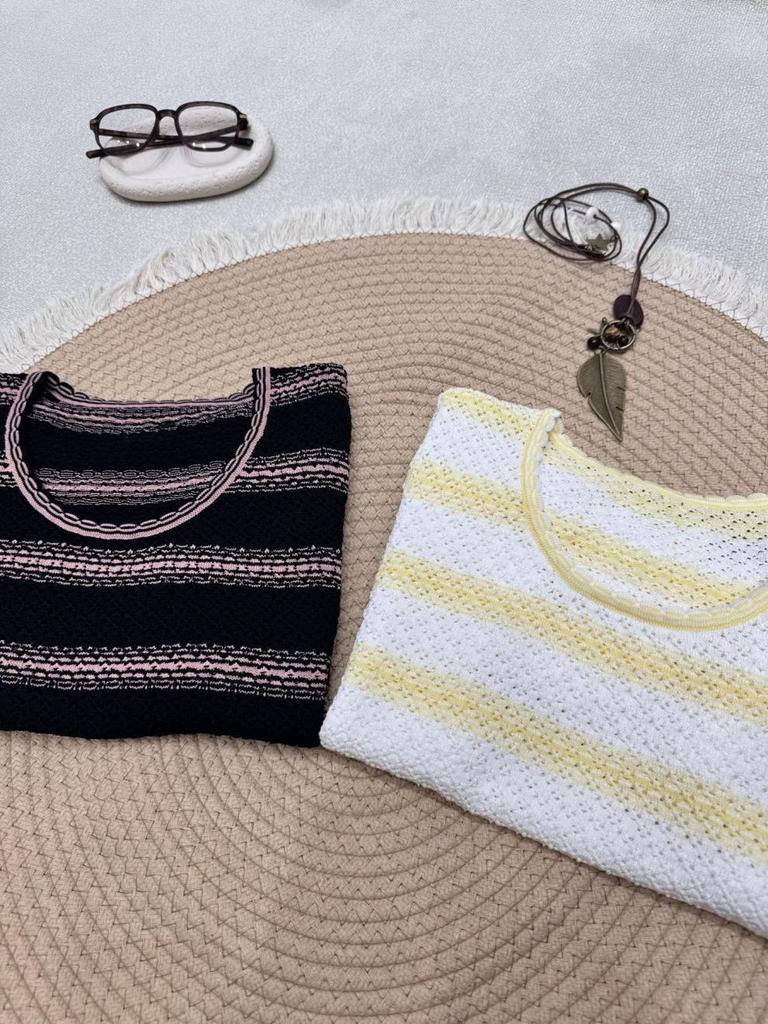 European Chic Striped Knit Short Sleeve Top for Women