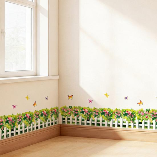 Autocollant d'angle de mur floral herbe verte Fleurs Papillons Base d'herbe Ligne de plinthe Autocollants muraux pour salon chambre à coucher salle à manger