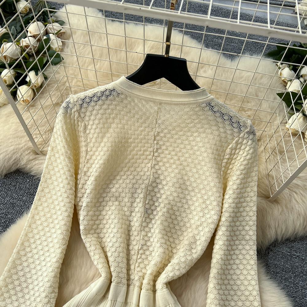 Autumn Winter Women Elegant SP Hollow Out Knitted Sweater Long Midi Christmas Party Split Dresses